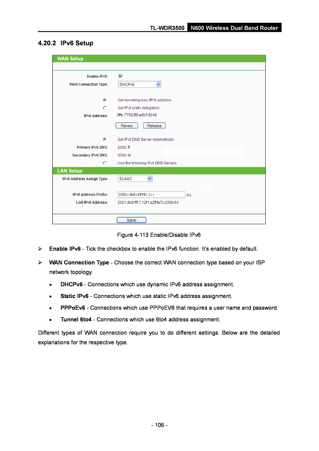 TP-Link manual 4.20.2 IPv6 Setup, TL-WDR3500 N600 Wireless Dual Band Router 
