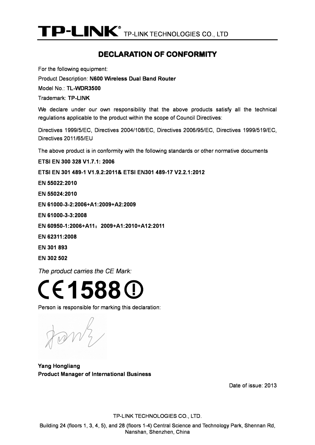 TP-Link TL-WDR3500 Declaration Of Conformity, Product Description N600 Wireless Dual Band Router, ETSI EN 300 328 V1.7.1 