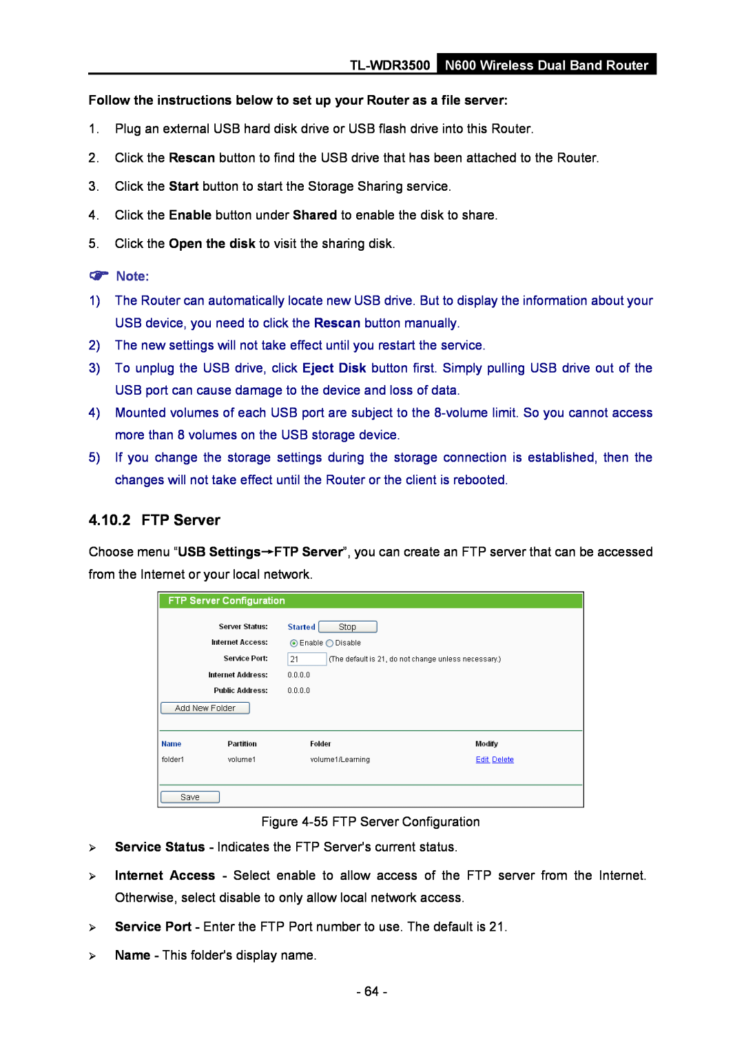 TP-Link TL-WDR3500 manual FTP Server, Follow the instructions below to set up your Router as a file server,  Note 