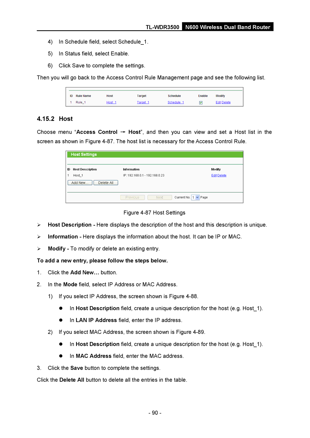 TP-Link TL-WDR3500 manual Host, To add a new entry, please follow the steps below 