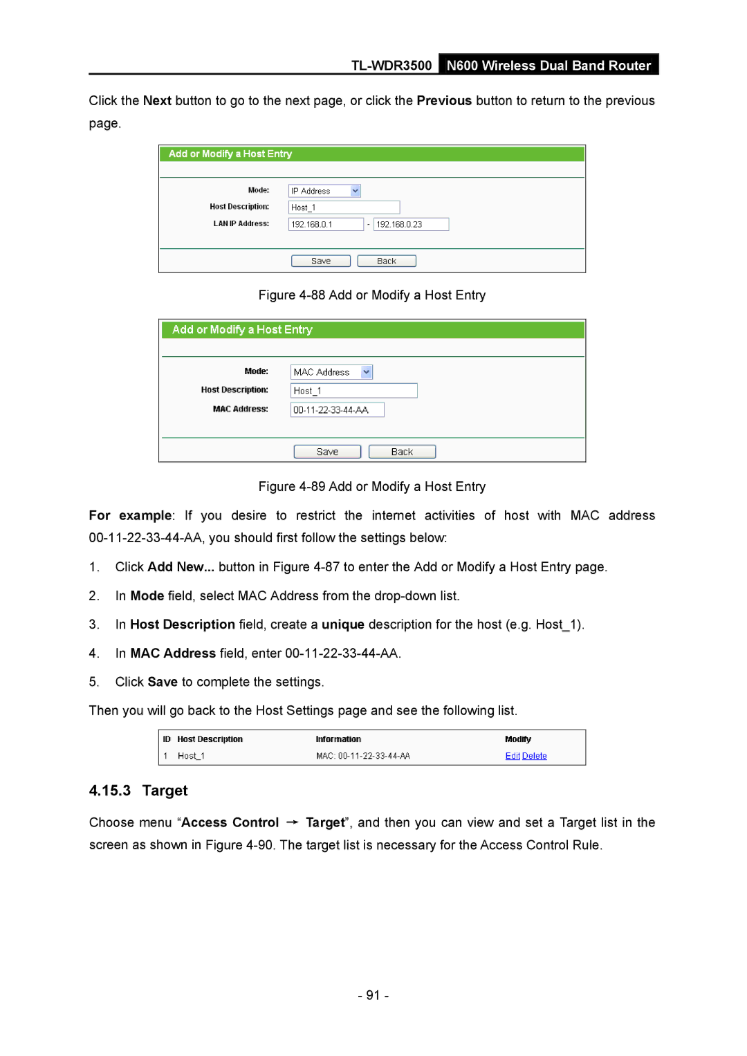 TP-Link TL-WDR3500 manual Target, Add or Modify a Host Entry 