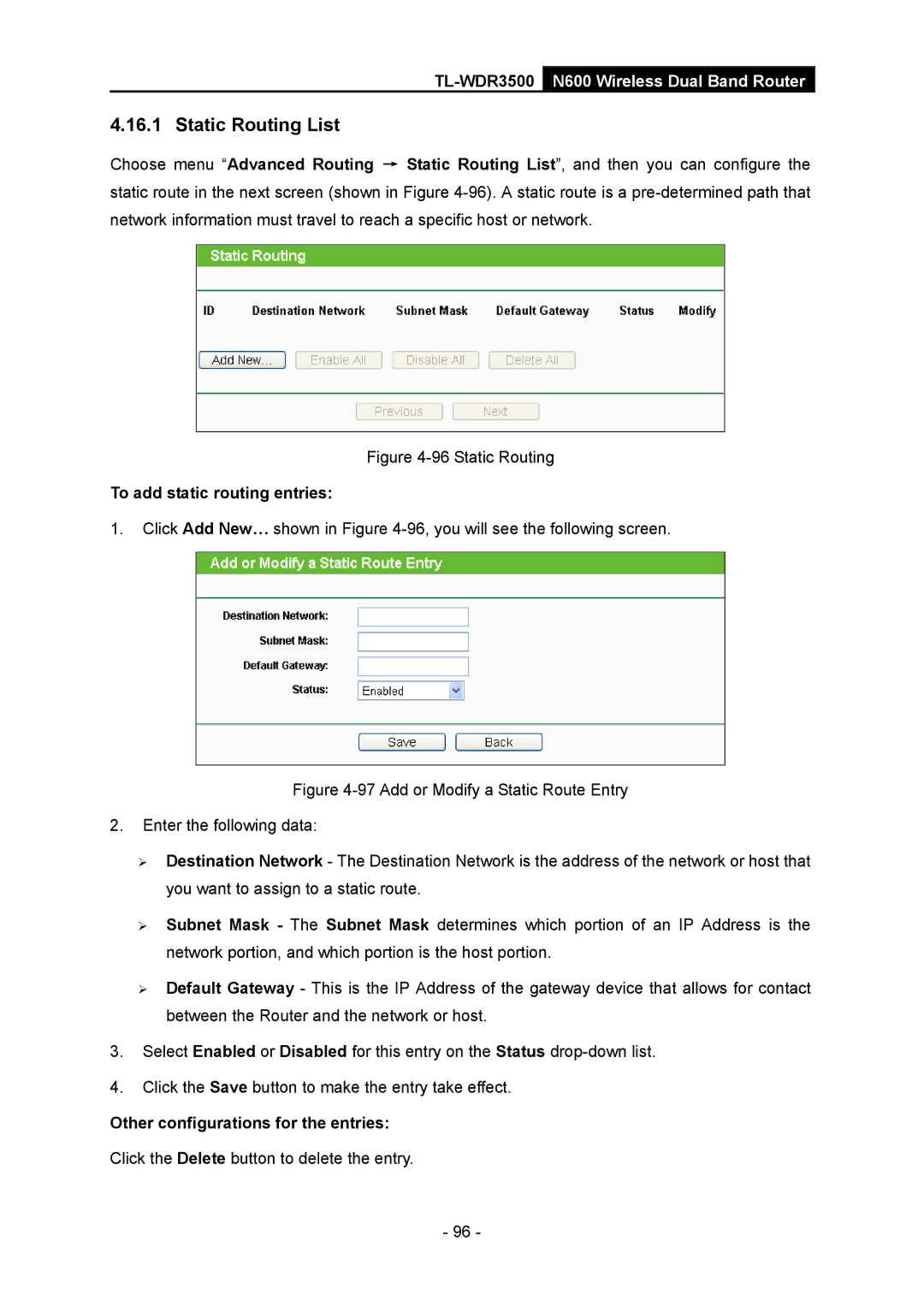 TP-Link TL-WDR3500 manual Static Routing List, To add static routing entries, Other configurations for the entries 