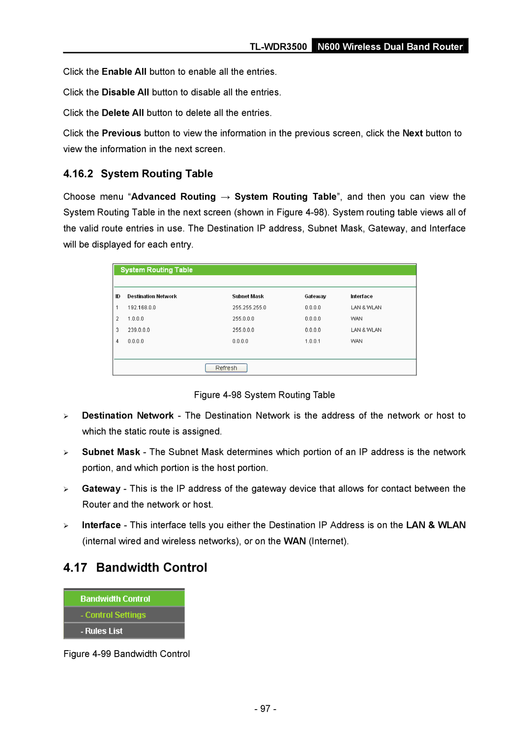 TP-Link TL-WDR3500 manual Bandwidth Control, System Routing Table 