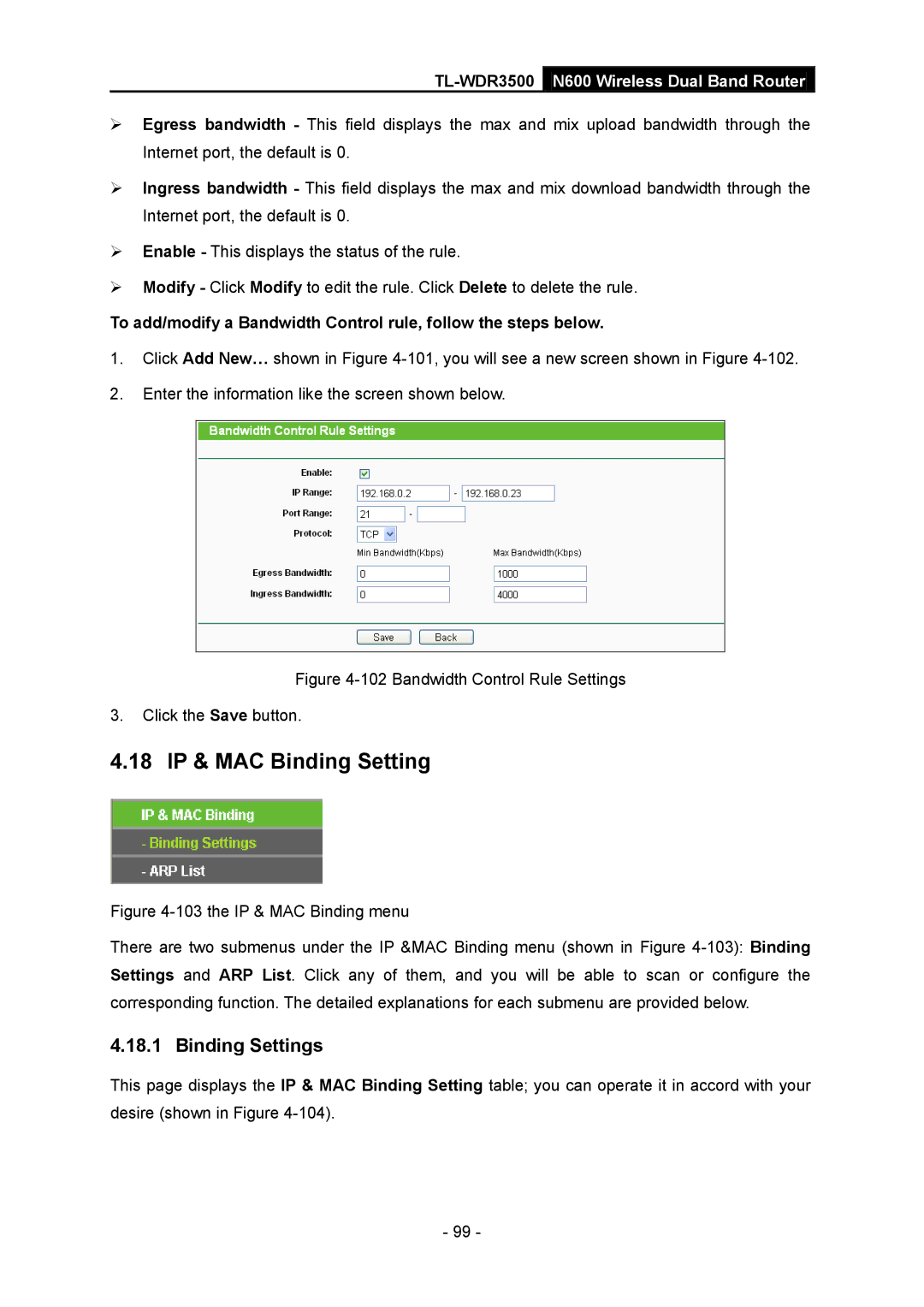 TP-Link TL-WDR3500 manual 18 IP & MAC Binding Setting, Binding Settings 