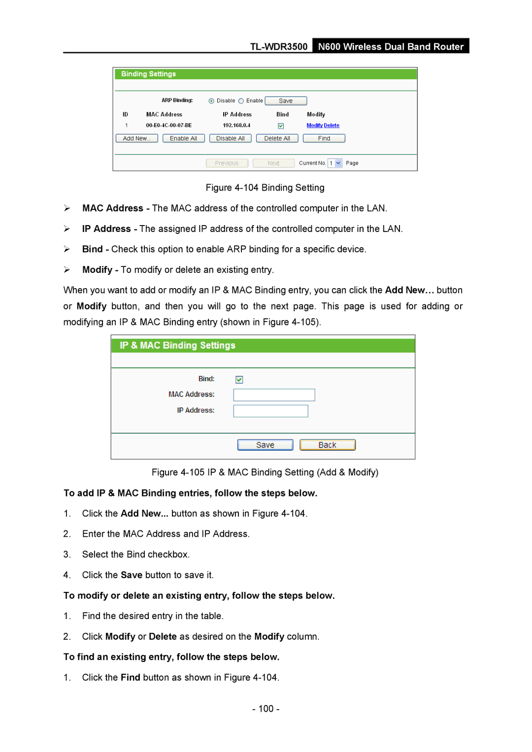 TP-Link TL-WDR3500 manual To add IP & MAC Binding entries, follow the steps below 