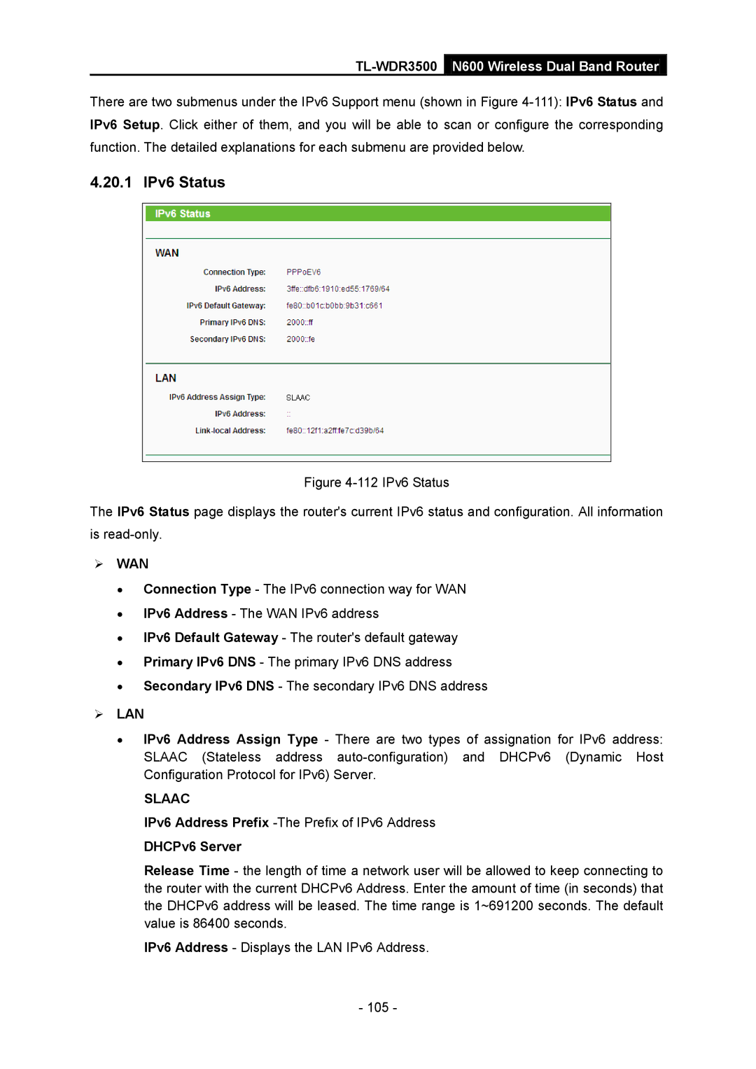 TP-Link TL-WDR3500 manual 20.1 IPv6 Status, DHCPv6 Server 