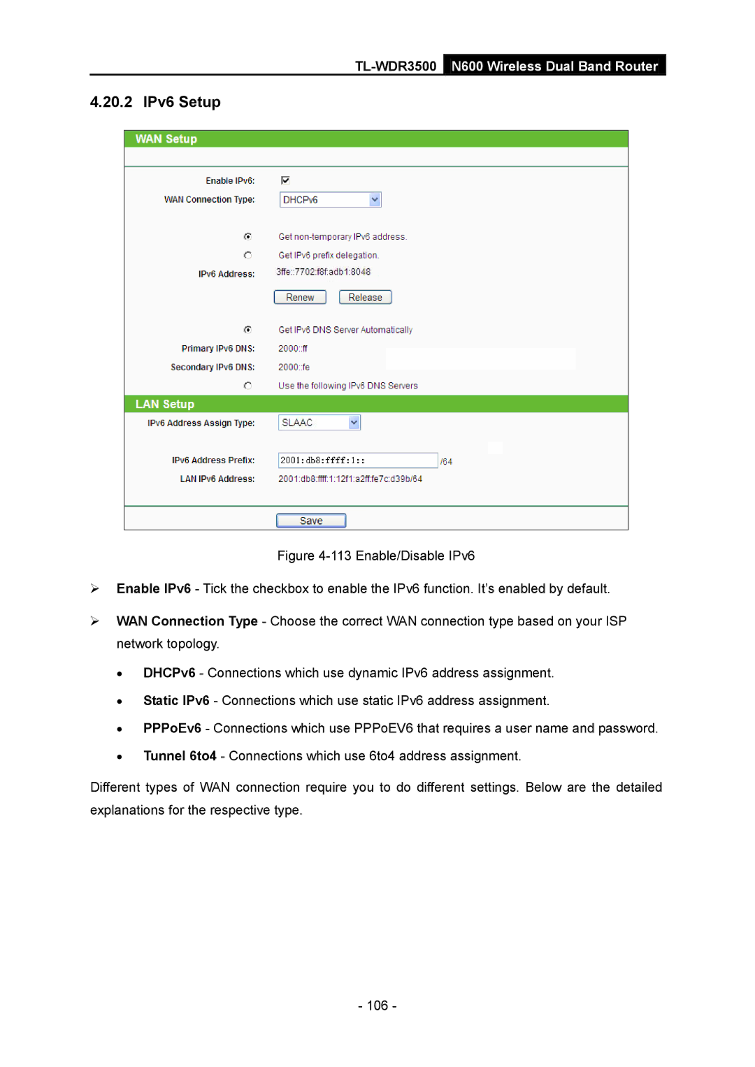 TP-Link TL-WDR3500 manual 20.2 IPv6 Setup 