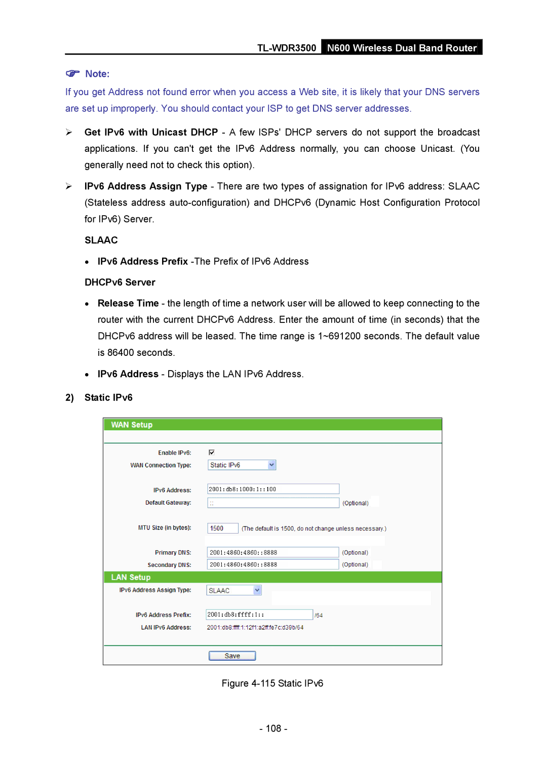 TP-Link TL-WDR3500 manual Static IPv6 108 