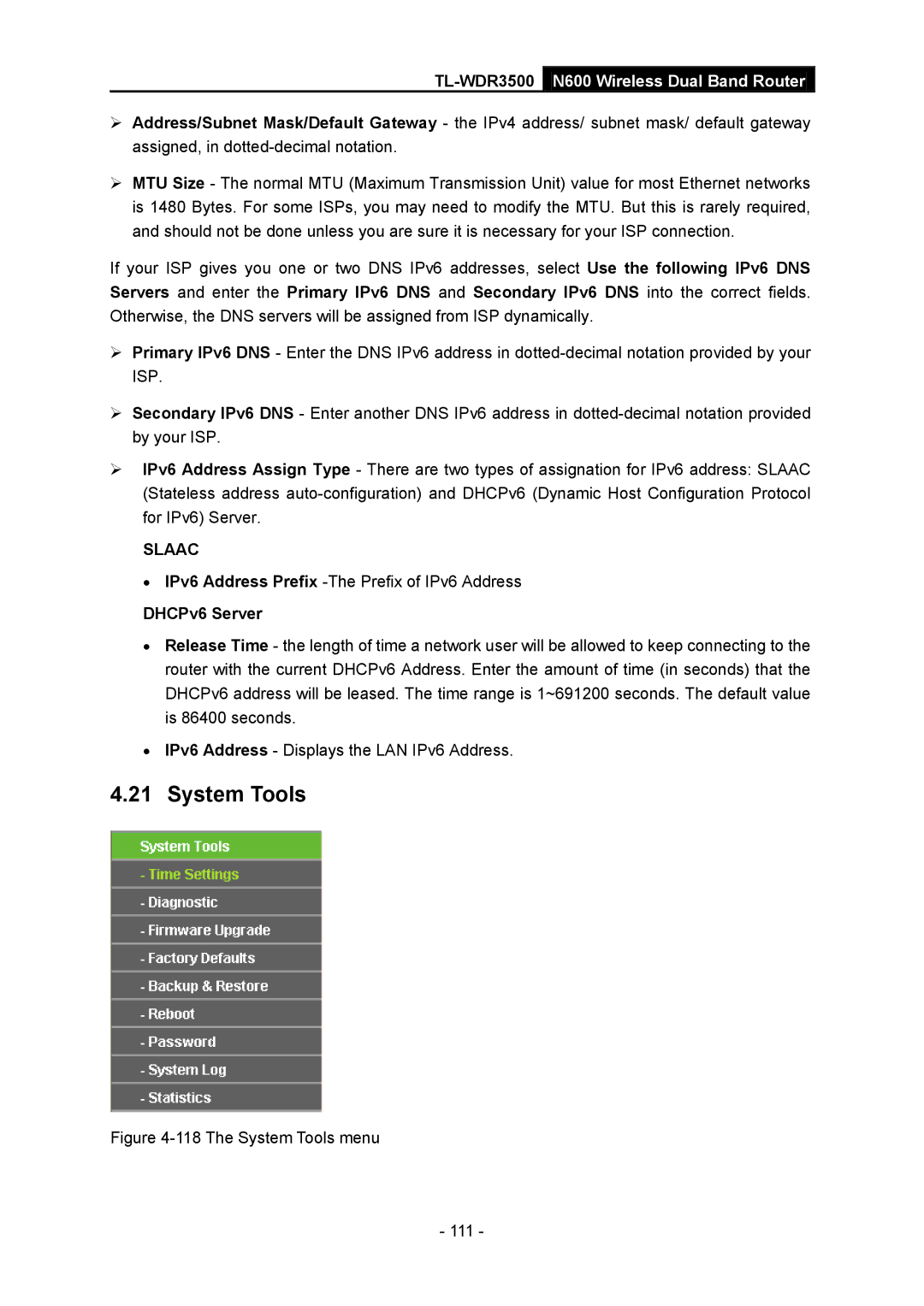 TP-Link TL-WDR3500 manual The System Tools menu 111 