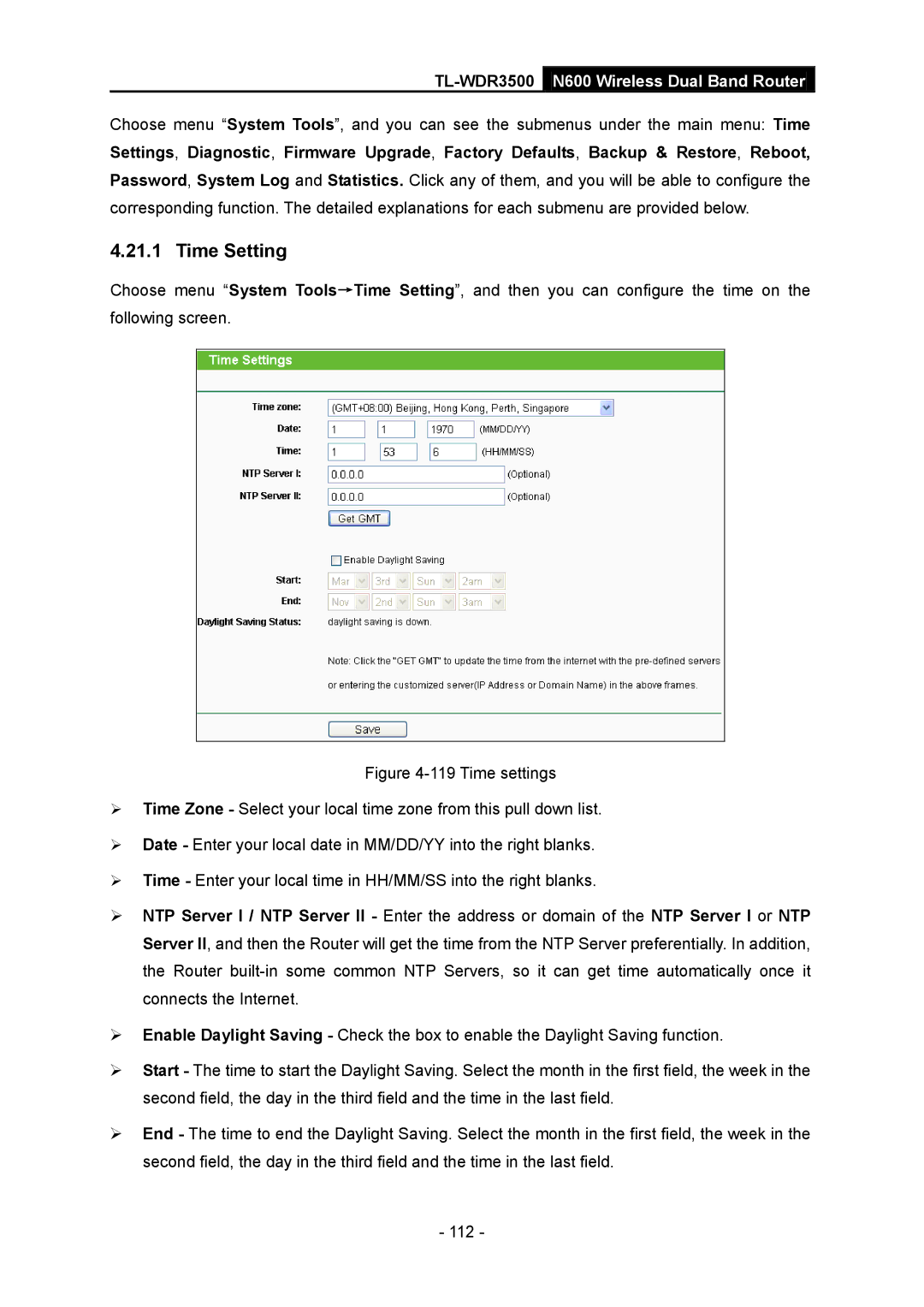 TP-Link TL-WDR3500 manual Time Setting 