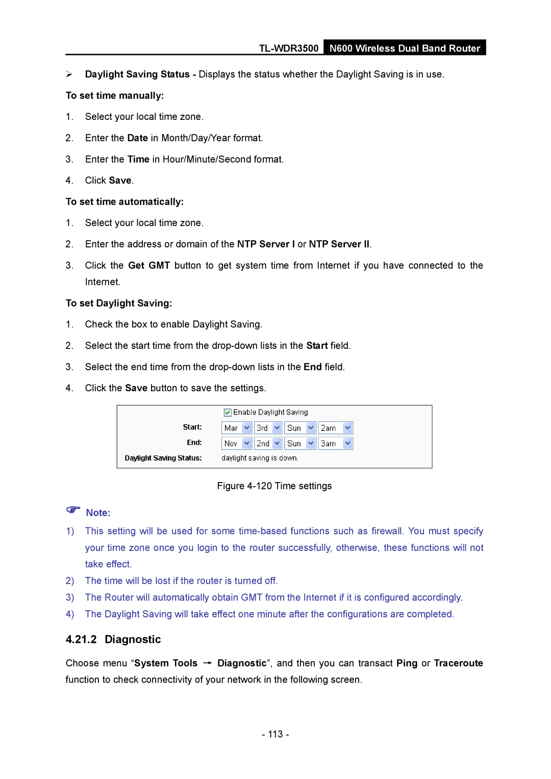 TP-Link TL-WDR3500 Diagnostic, To set time manually, To set time automatically, To set Daylight Saving 
