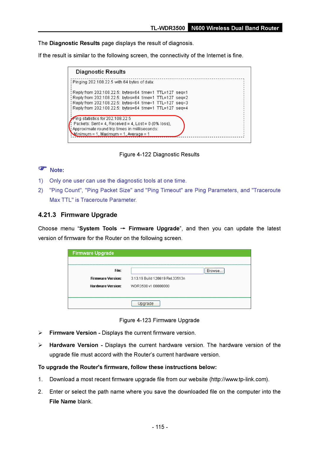 TP-Link TL-WDR3500 manual Firmware Upgrade, Diagnostic Results 