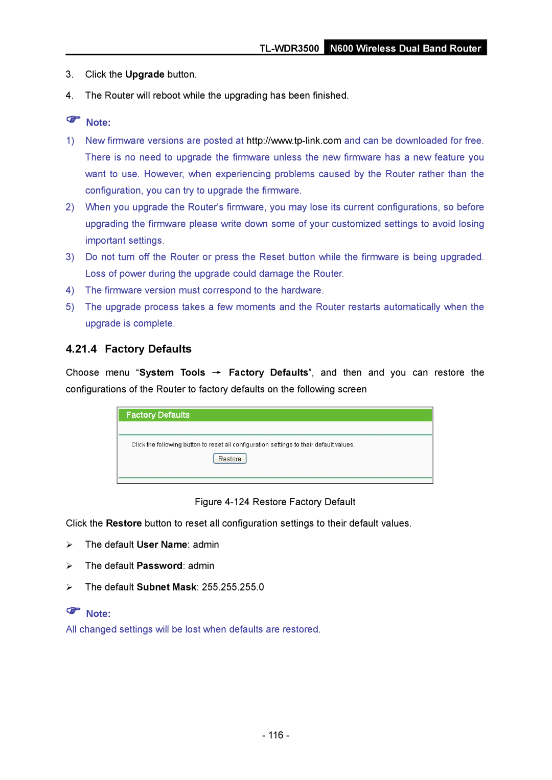 TP-Link TL-WDR3500 manual Factory Defaults 