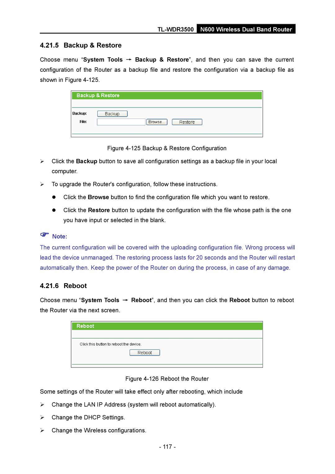 TP-Link TL-WDR3500 manual Backup & Restore, Reboot 