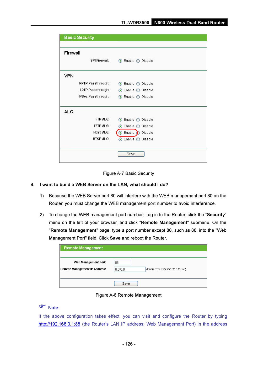 TP-Link TL-WDR3500 manual Figure A-7 Basic Security, Want to build a WEB Server on the LAN, what should I do? 