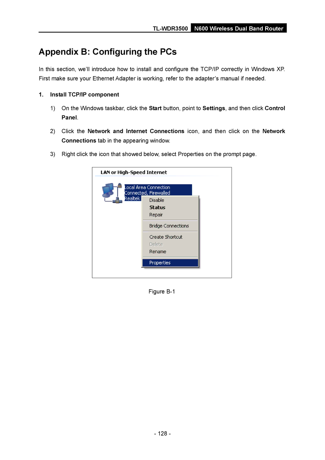 TP-Link TL-WDR3500 manual Appendix B Configuring the PCs, Install TCP/IP component 