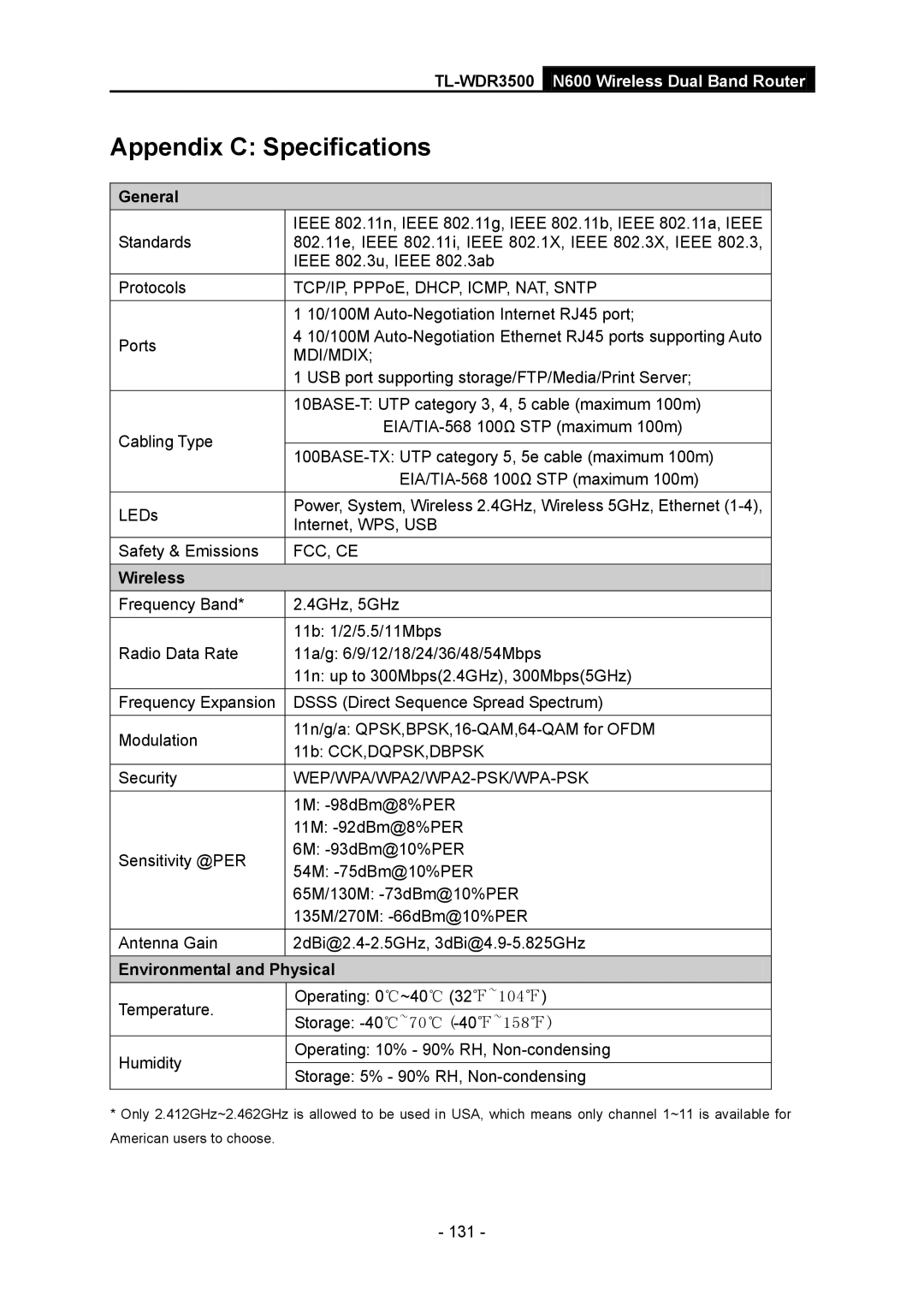 TP-Link TL-WDR3500 manual General, Wireless, Environmental and Physical 