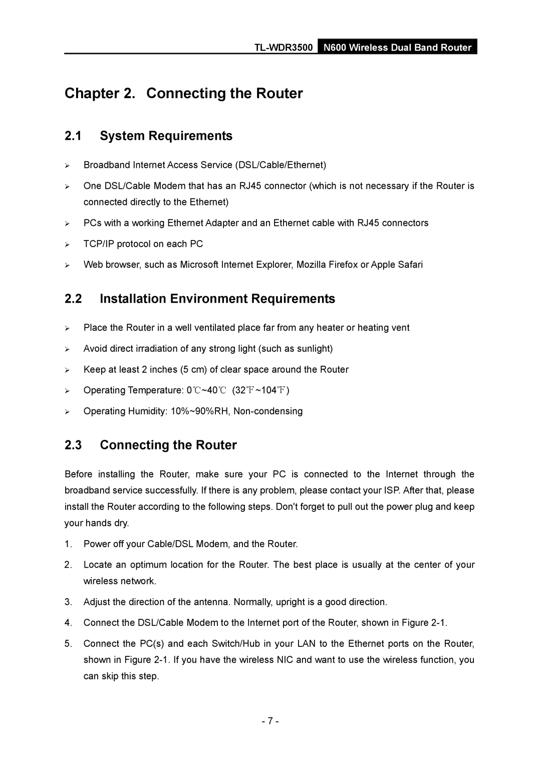 TP-Link TL-WDR3500 manual System Requirements, Installation Environment Requirements, Connecting the Router 