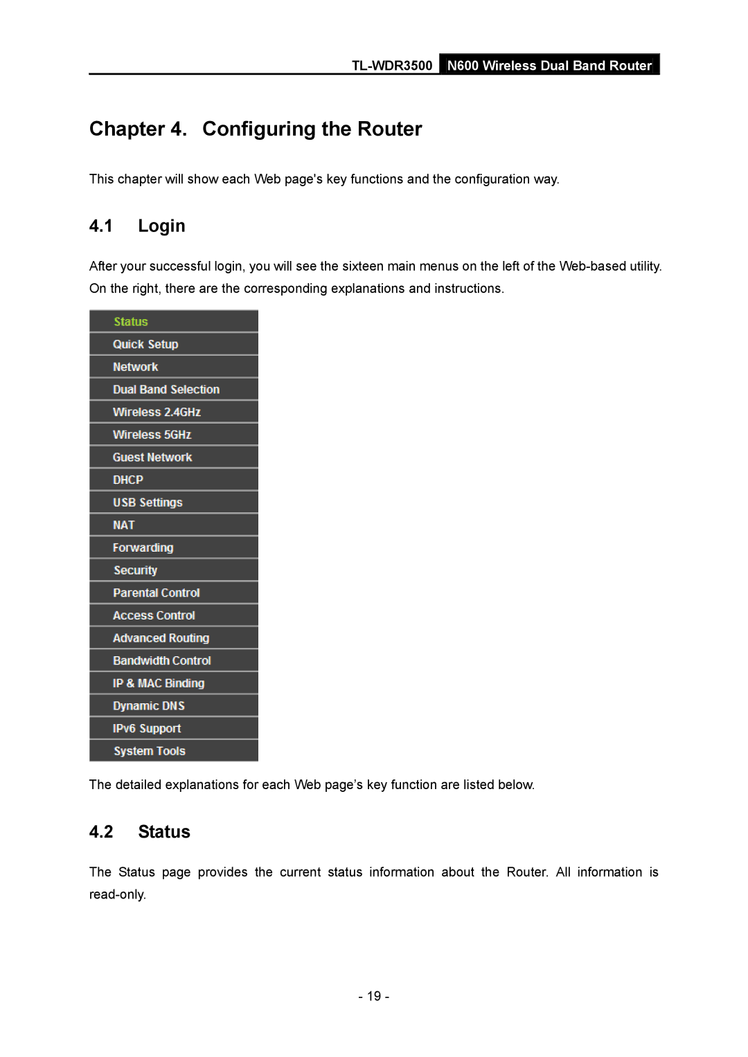 TP-Link TL-WDR3500 manual Login, Status 