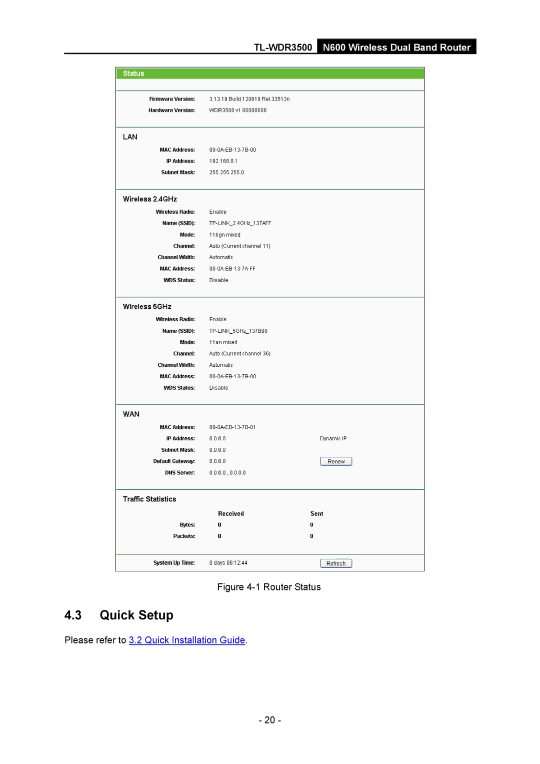 TP-Link TL-WDR3500 manual Quick Setup, Router Status 