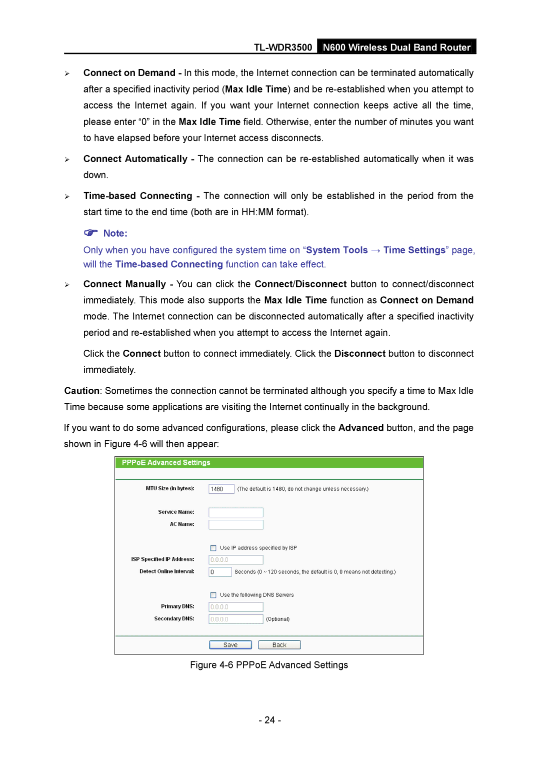 TP-Link TL-WDR3500 manual PPPoE Advanced Settings 