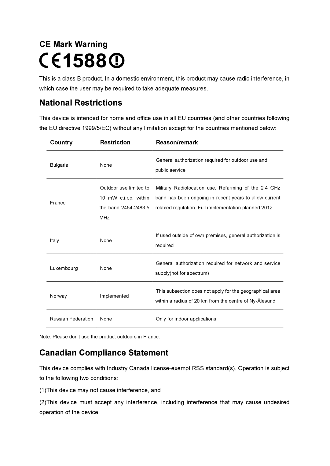 TP-Link TL-WDR3500 manual CE Mark Warning, Country Restriction Reason/remark 