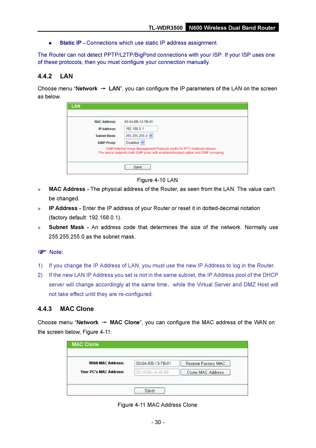 TP-Link TL-WDR3500 manual 2 LAN, MAC Clone 