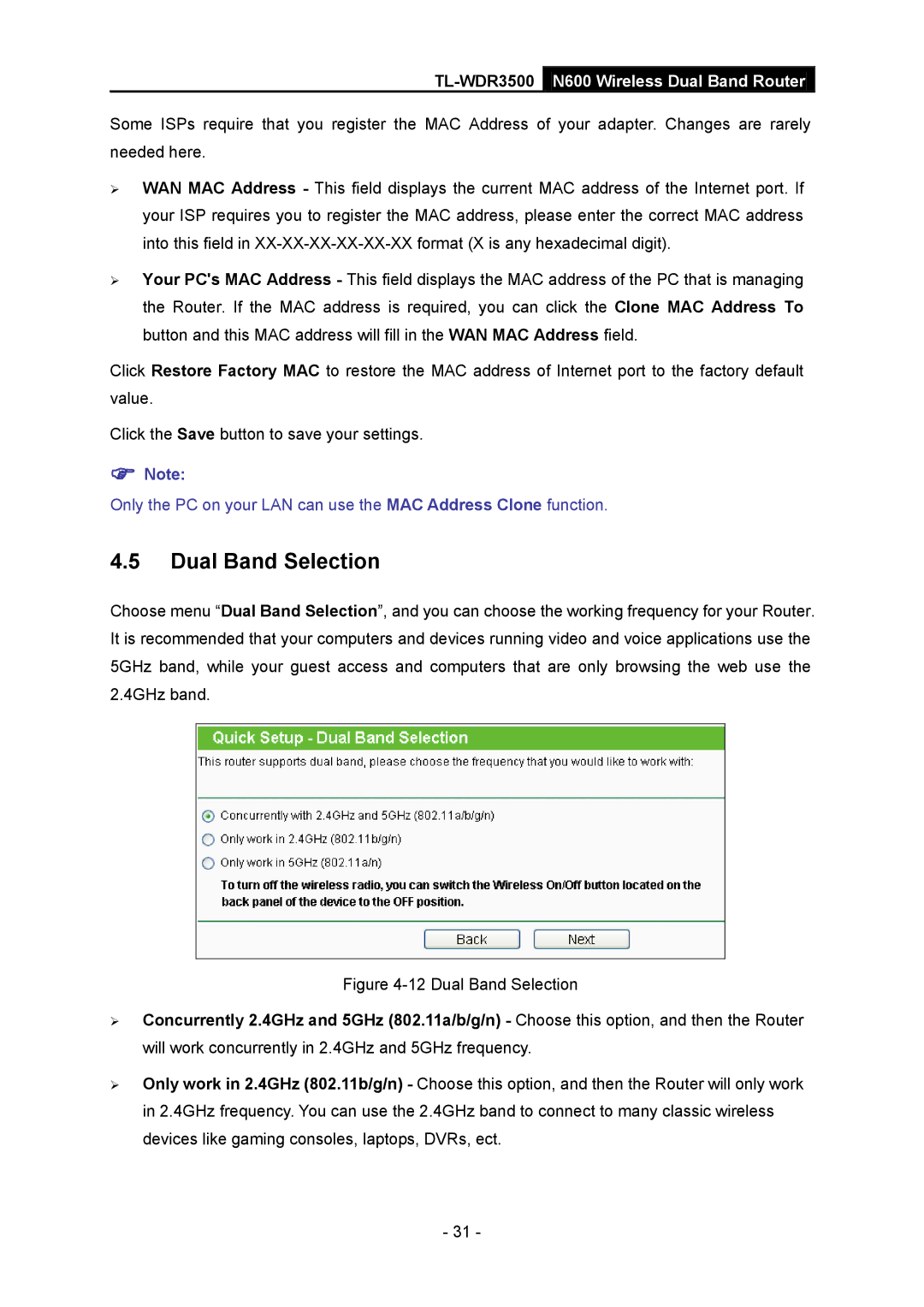 TP-Link TL-WDR3500 manual Dual Band Selection 