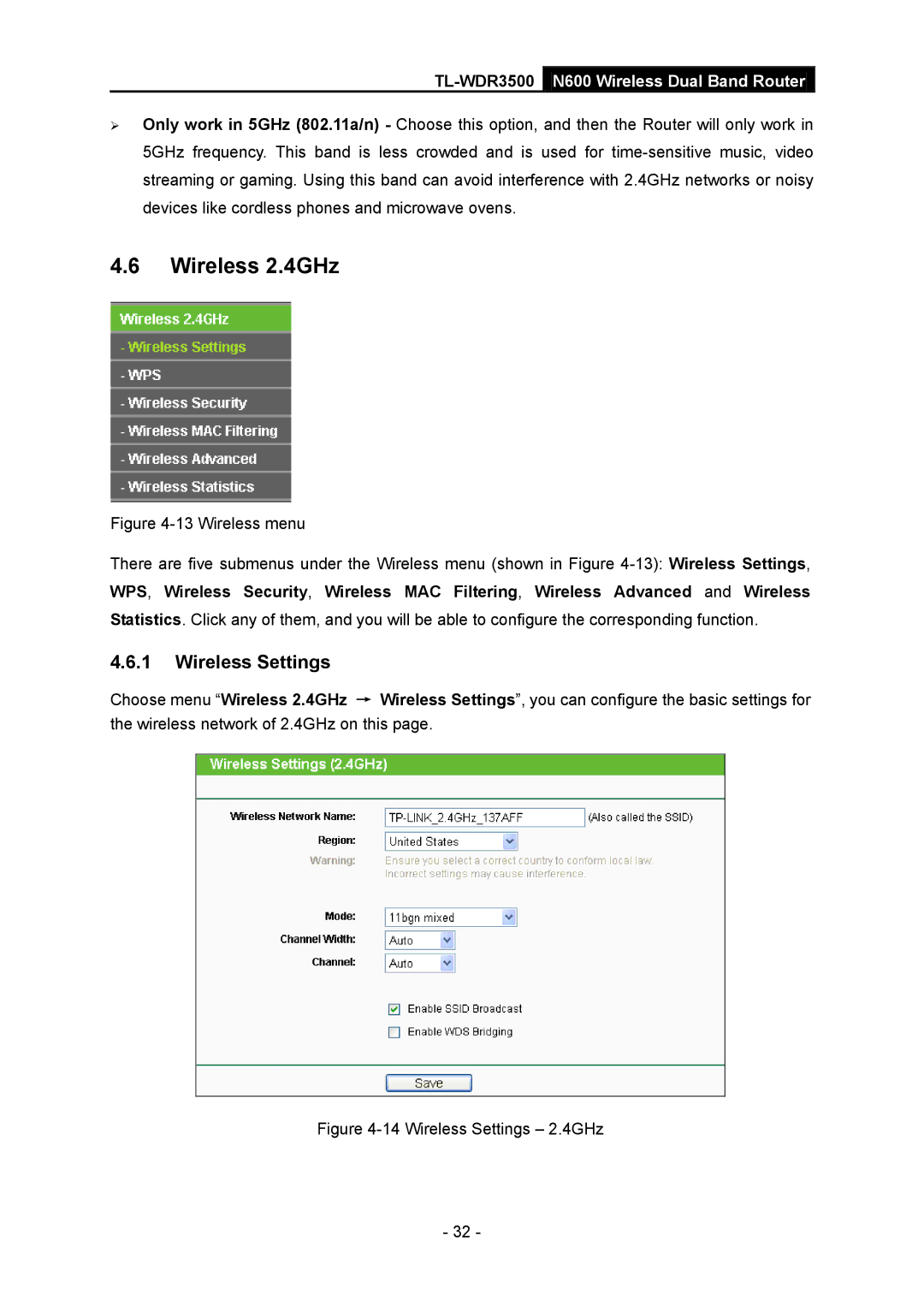 TP-Link TL-WDR3500 manual Wireless 2.4GHz, Wireless Settings 