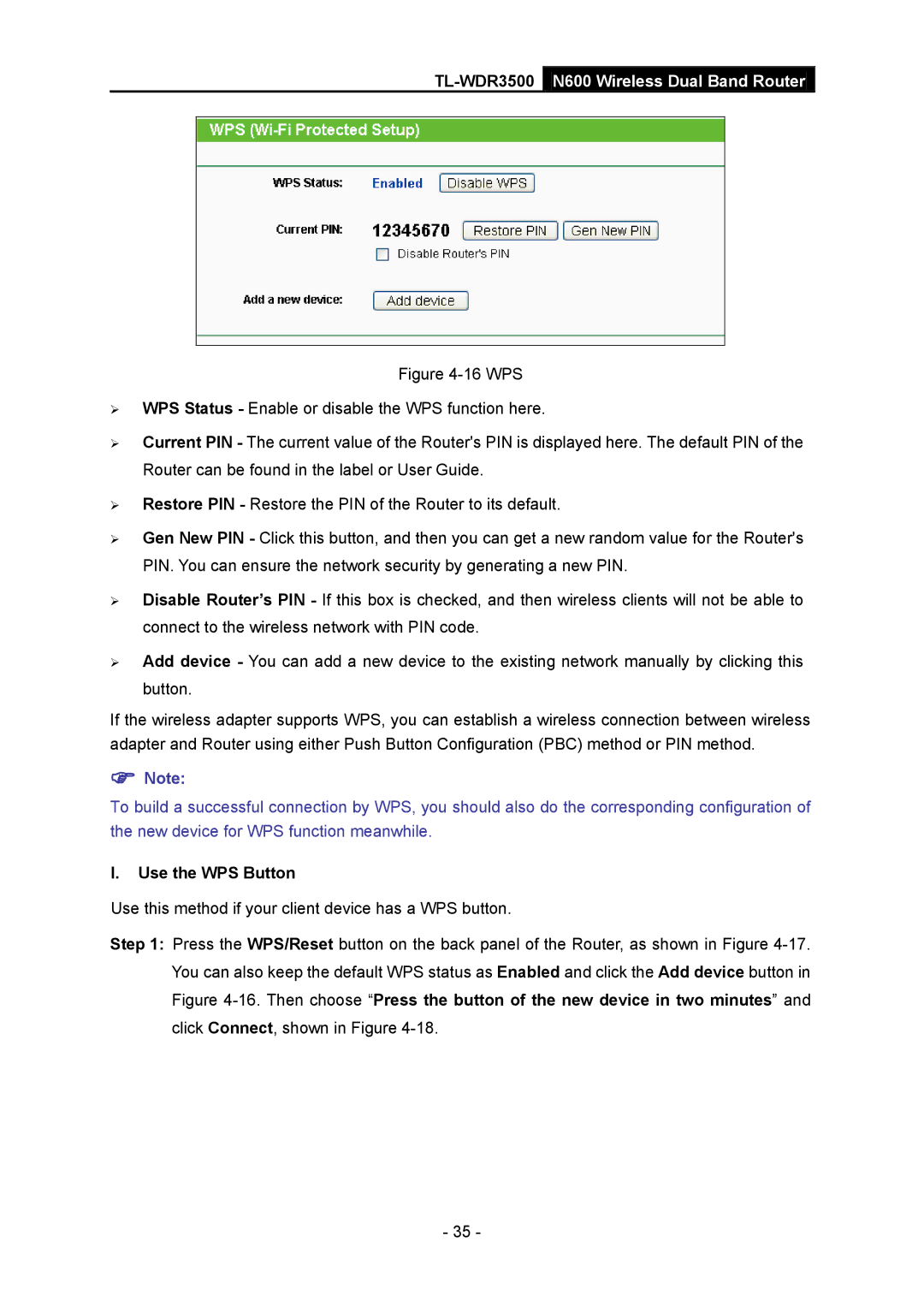 TP-Link TL-WDR3500 manual Use the WPS Button 