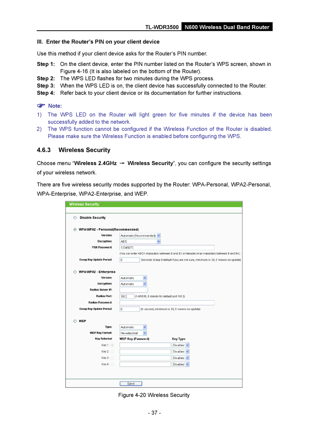 TP-Link TL-WDR3500 manual Wireless Security, III. Enter the Router’s PIN on your client device 