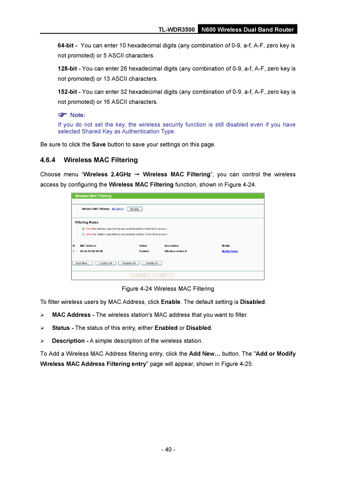 TP-Link TL-WDR3500 manual Wireless MAC Filtering 