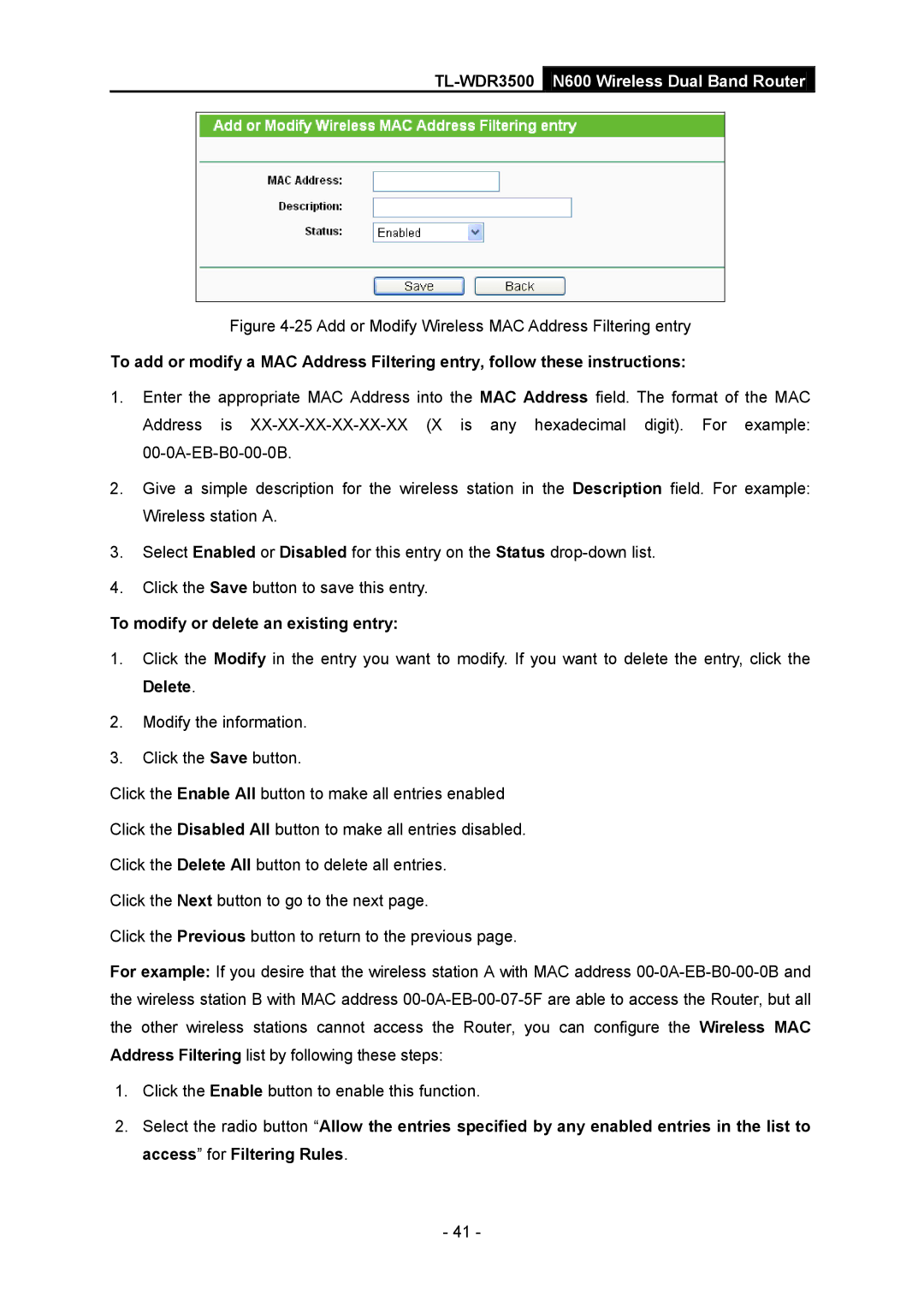 TP-Link TL-WDR3500 manual Add or Modify Wireless MAC Address Filtering entry, To modify or delete an existing entry 