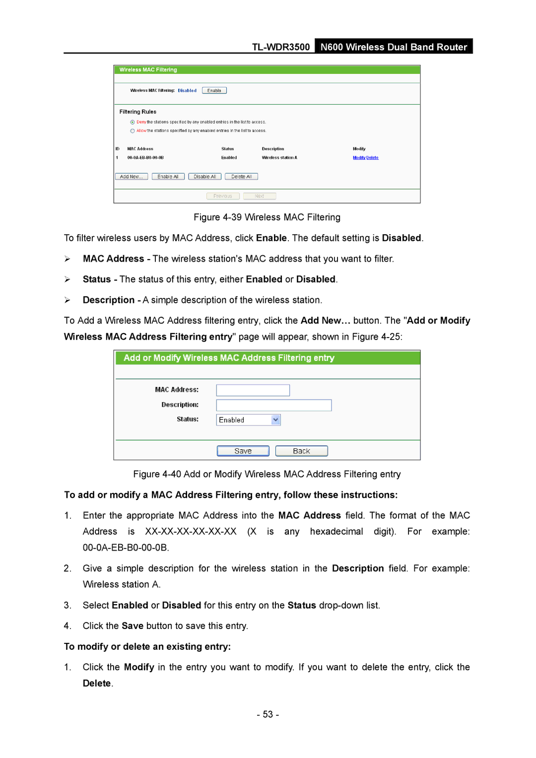 TP-Link TL-WDR3500 manual Add or Modify Wireless MAC Address Filtering entry 