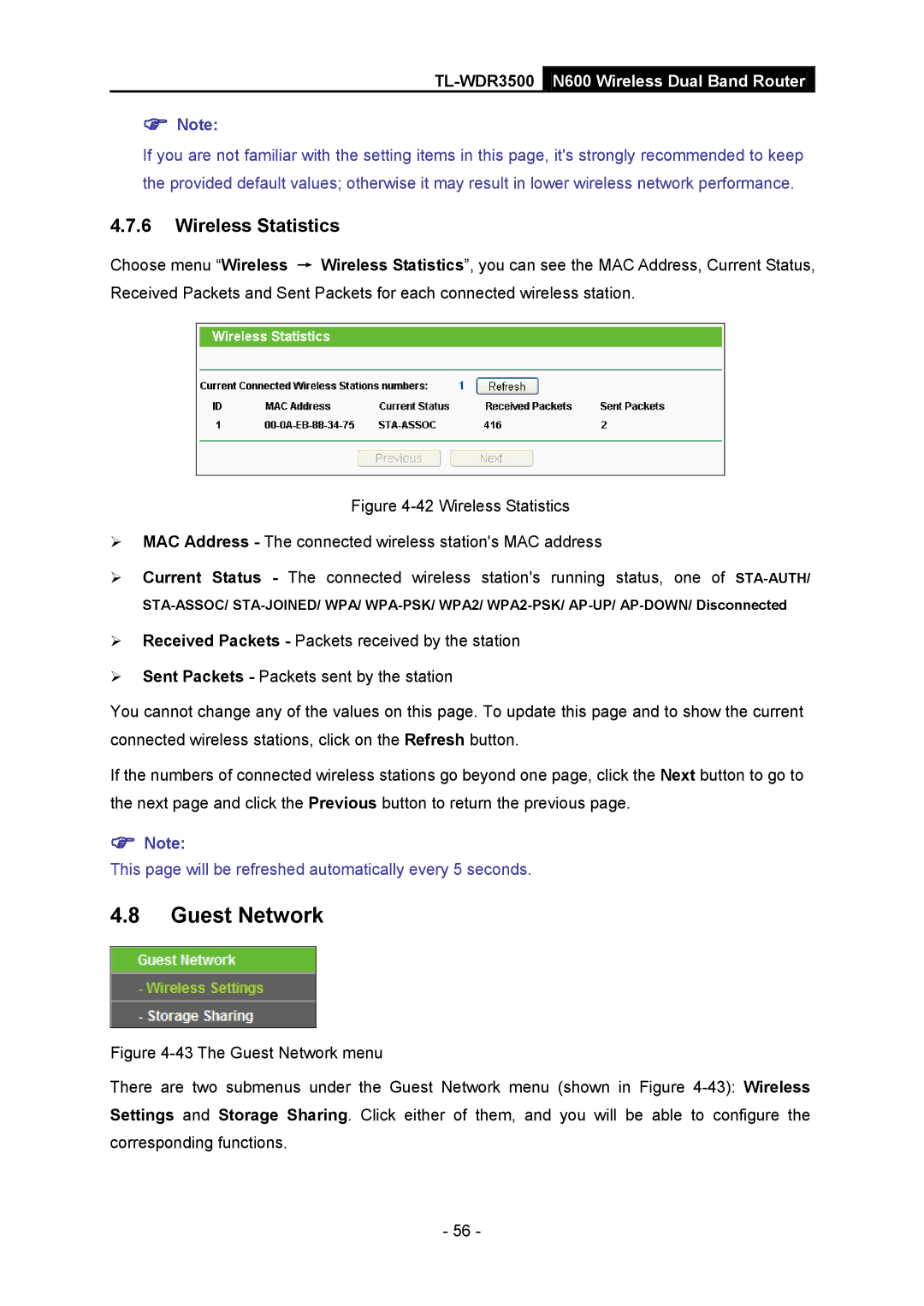 TP-Link TL-WDR3500 manual Guest Network, Wireless Statistics 