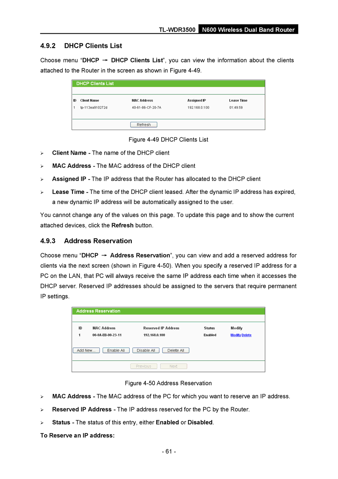 TP-Link TL-WDR3500 manual Dhcp Clients List, Address Reservation, To Reserve an IP address 