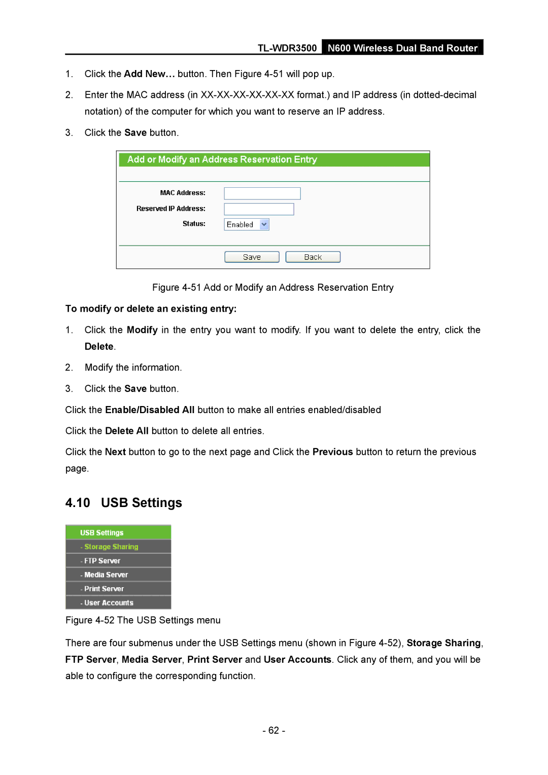 TP-Link TL-WDR3500 manual USB Settings, Add or Modify an Address Reservation Entry 