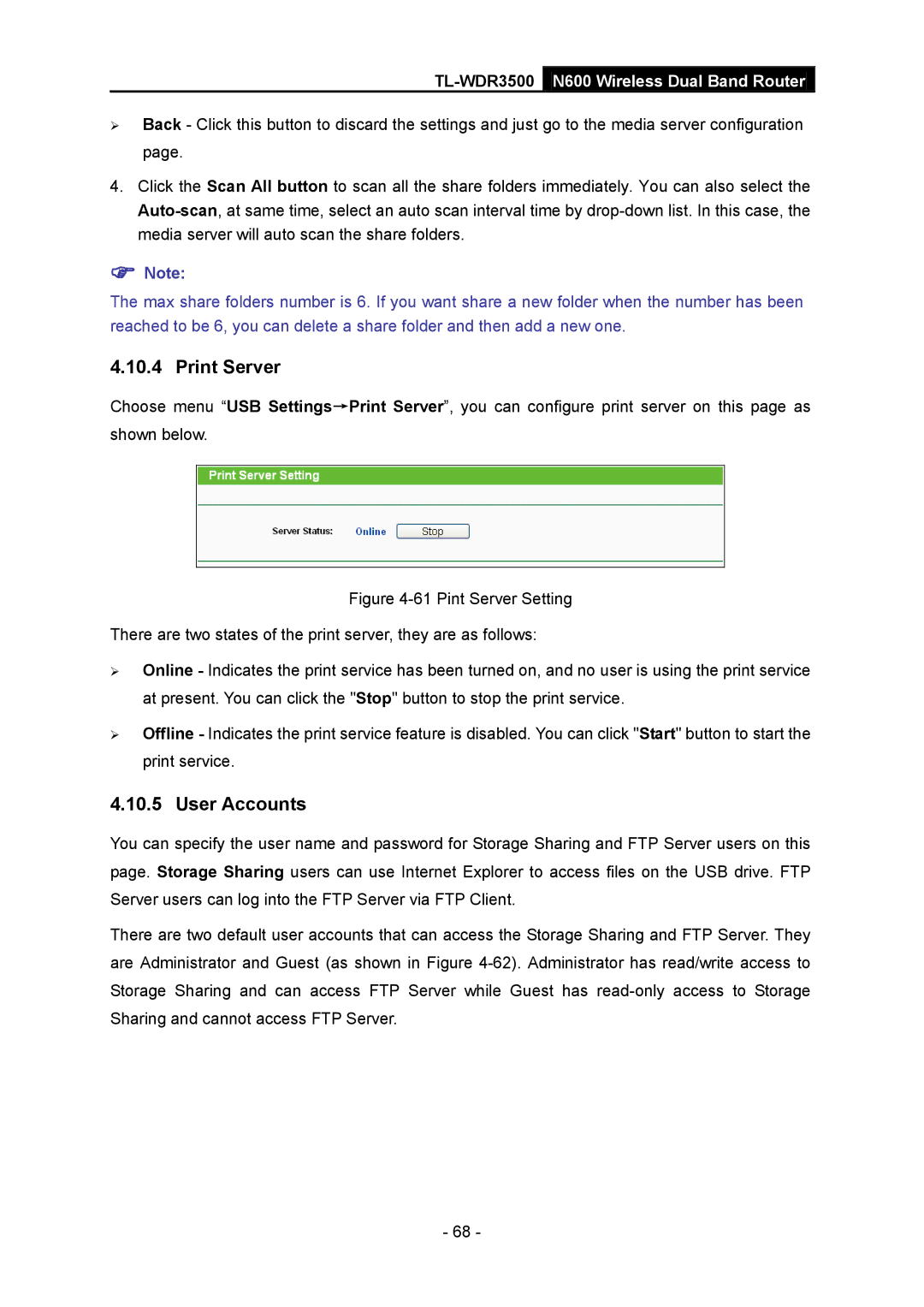 TP-Link TL-WDR3500 manual Print Server, User Accounts 