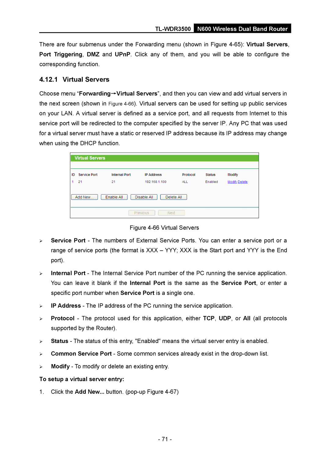 TP-Link TL-WDR3500 manual Virtual Servers, To setup a virtual server entry 