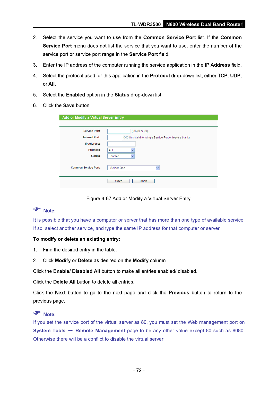 TP-Link TL-WDR3500 manual Add or Modify a Virtual Server Entry 