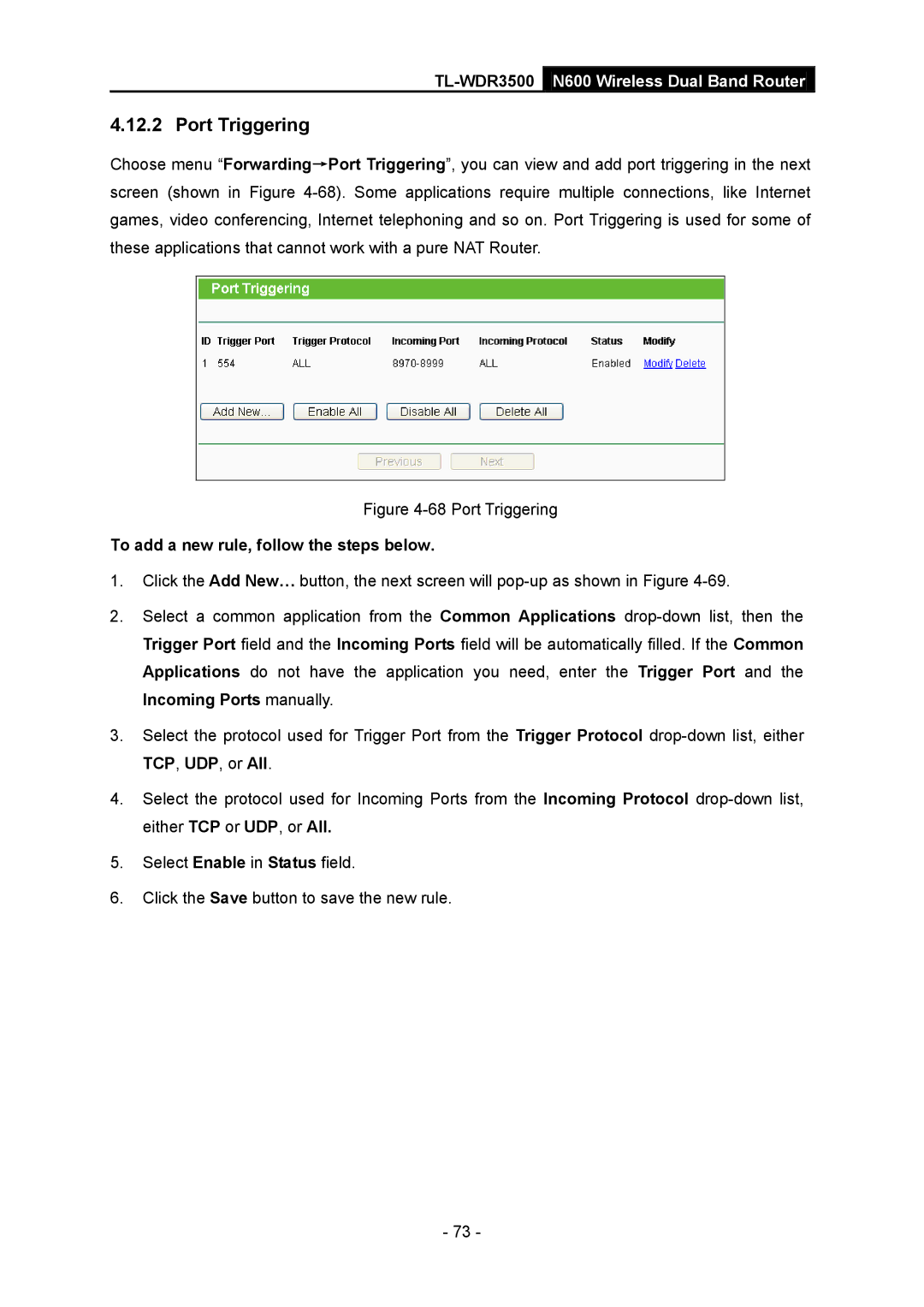 TP-Link TL-WDR3500 manual Port Triggering, To add a new rule, follow the steps below 