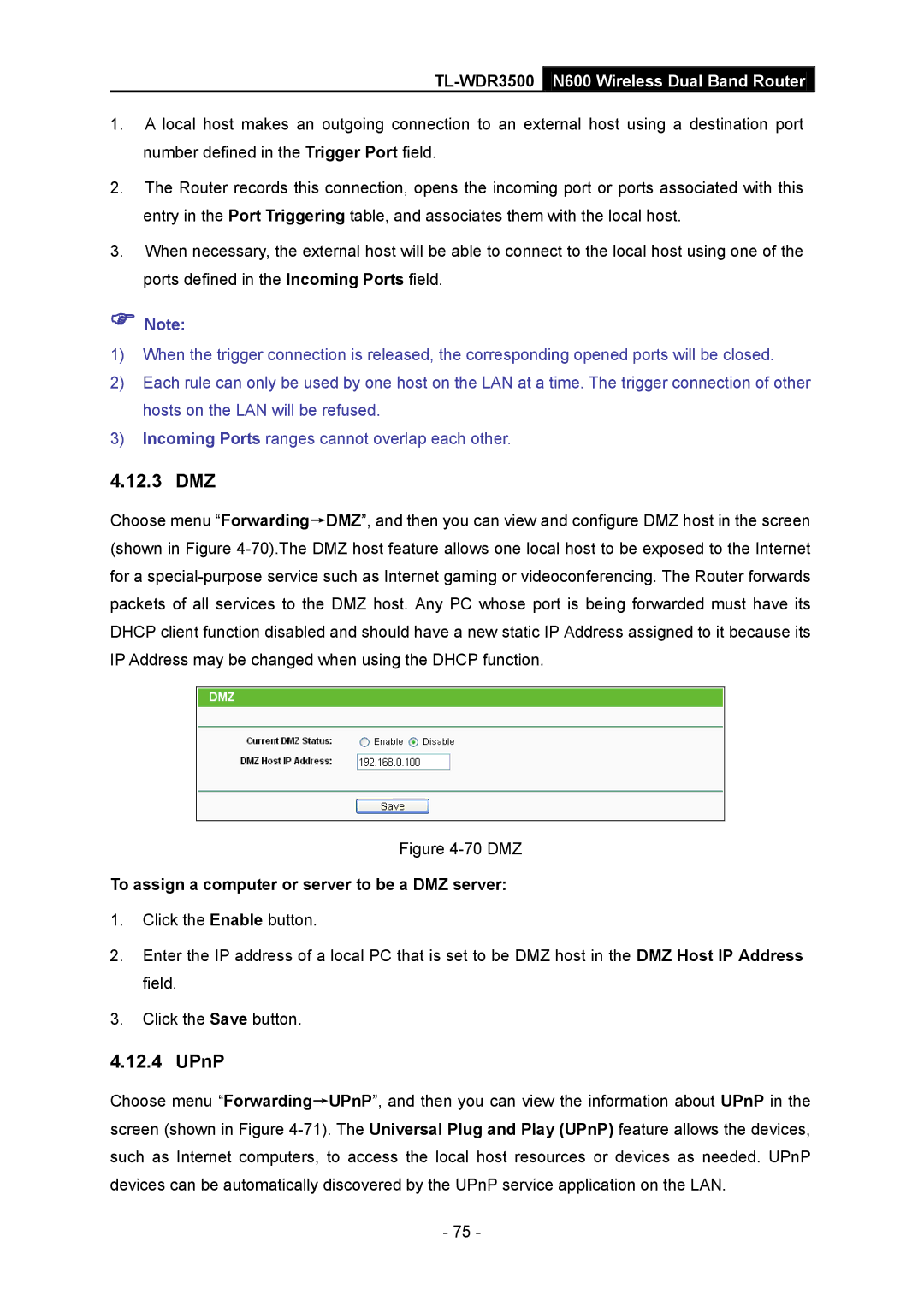 TP-Link TL-WDR3500 manual 12.3 DMZ, UPnP, To assign a computer or server to be a DMZ server 