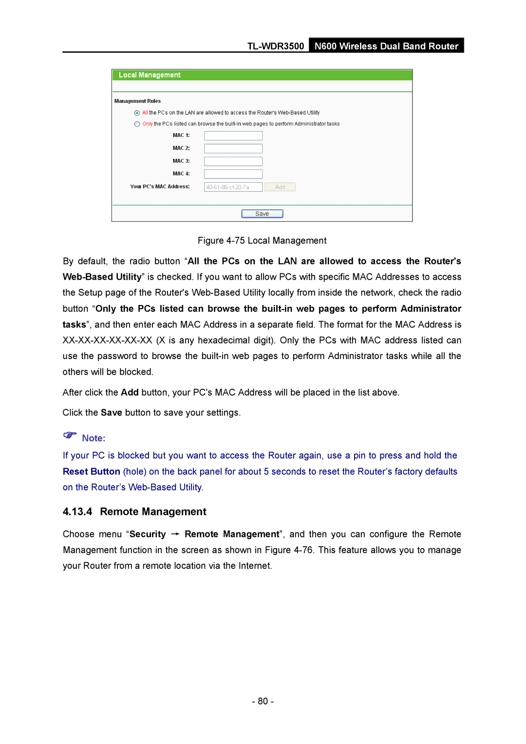 TP-Link TL-WDR3500 manual Remote Management, Local Management 