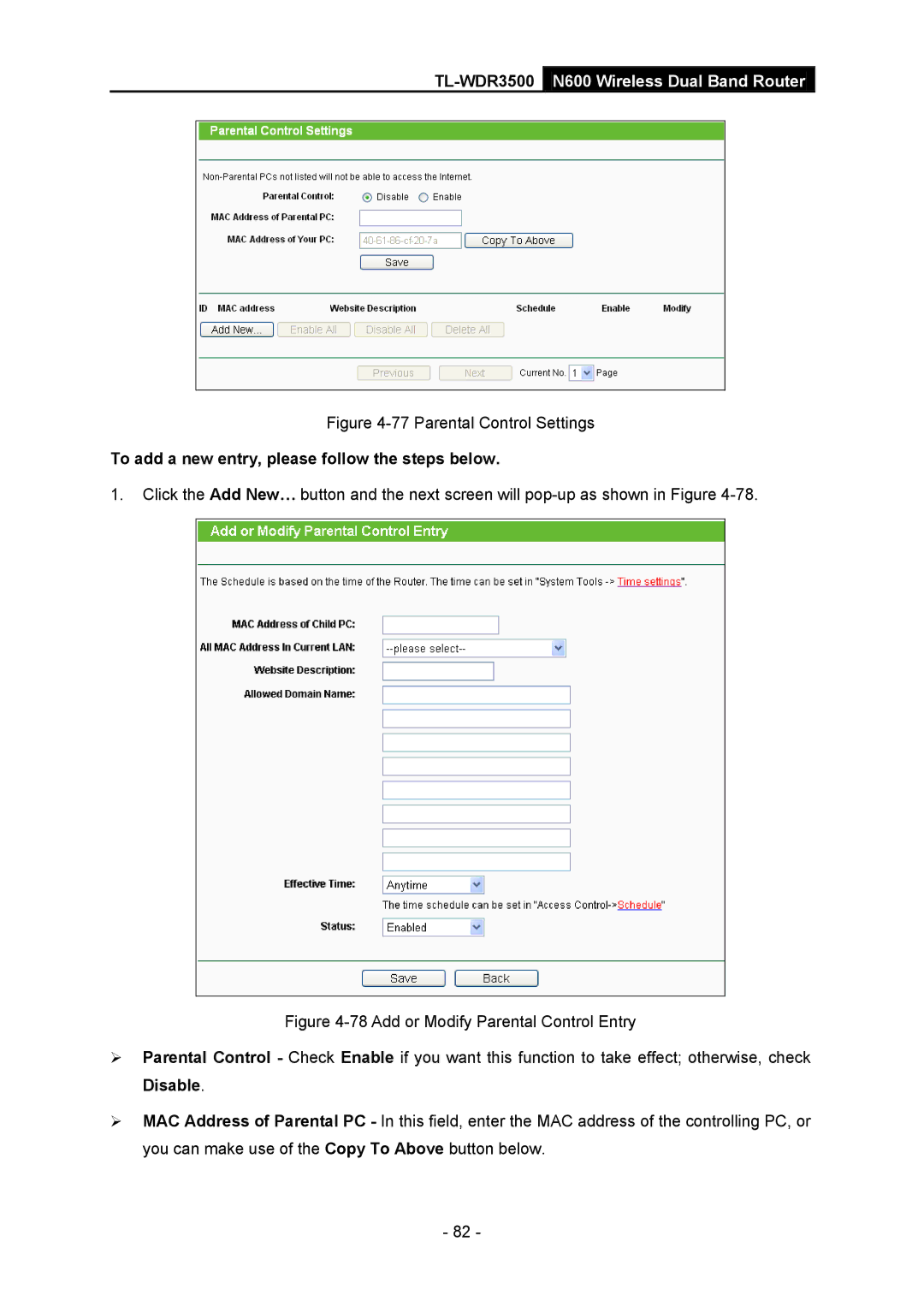 TP-Link TL-WDR3500 manual Parental Control Settings, To add a new entry, please follow the steps below 