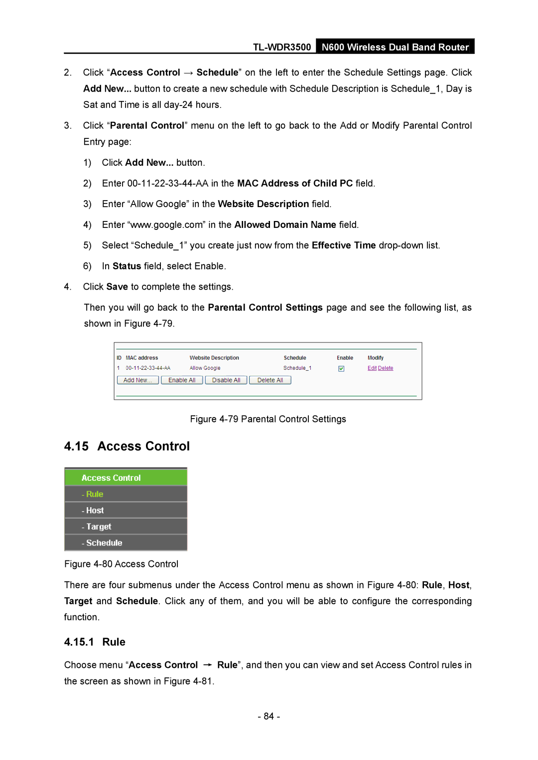 TP-Link TL-WDR3500 manual Access Control, Rule 