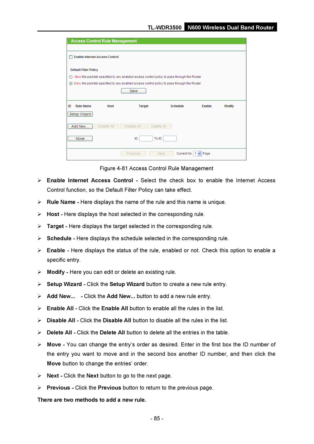 TP-Link TL-WDR3500 manual There are two methods to add a new rule 