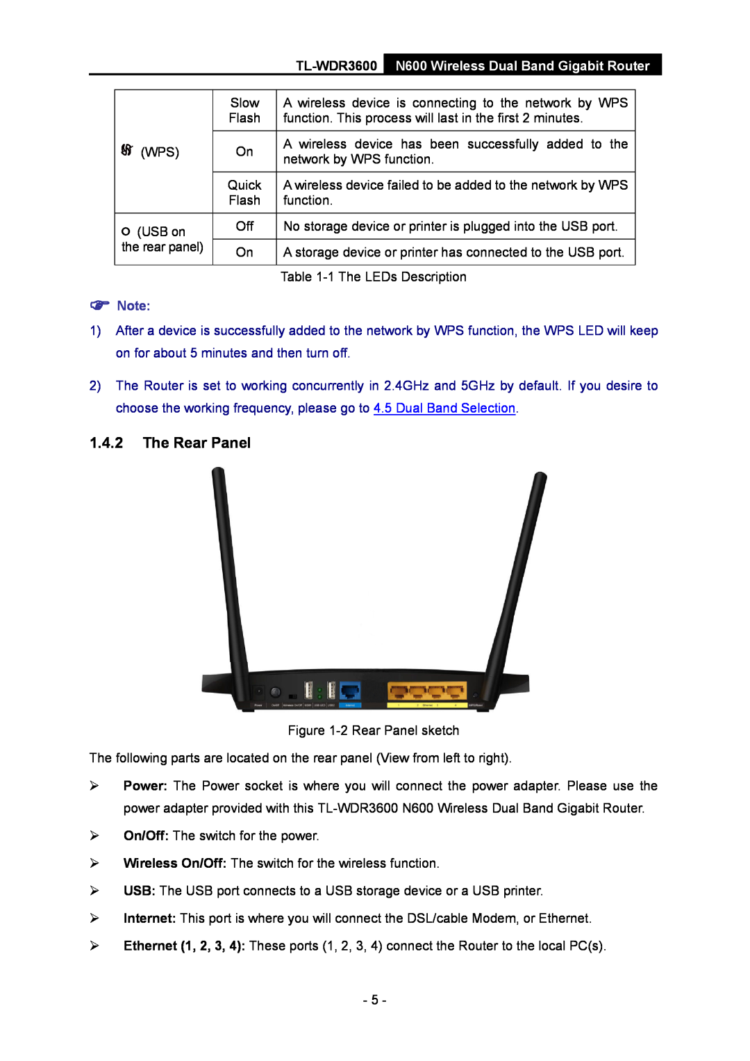 TP-Link TL-WDR3600 manual The Rear Panel, N600 Wireless Dual Band Gigabit Router,  Note 