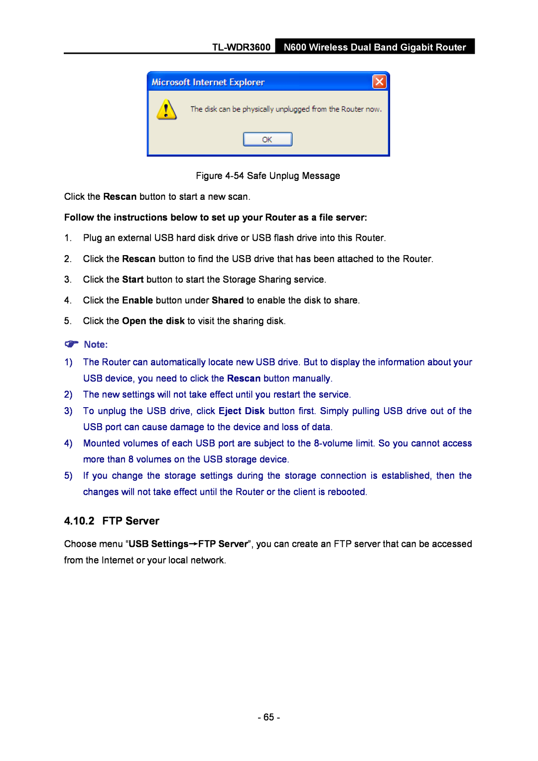 TP-Link TL-WDR3600 manual FTP Server, Follow the instructions below to set up your Router as a file server,  Note 
