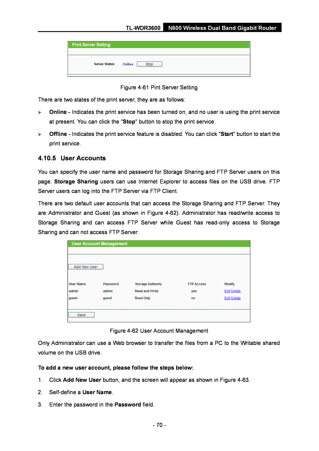 TP-Link TL-WDR3600 manual User Accounts, To add a new user account, please follow the steps below 