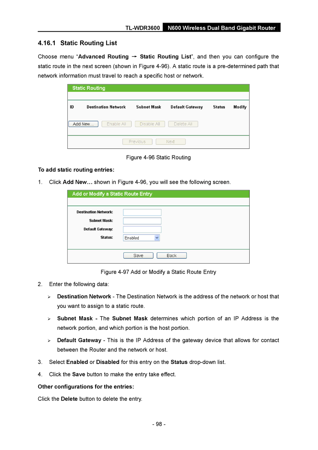 TP-Link TL-WDR3600 manual Static Routing List, To add static routing entries, Other configurations for the entries 